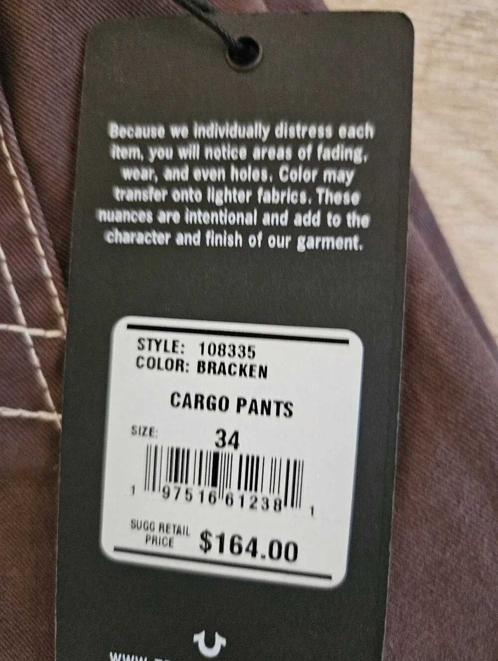 True Religion Bracken Men’s Chocolate Brown Cargo Pants 34x32 NWT - $164